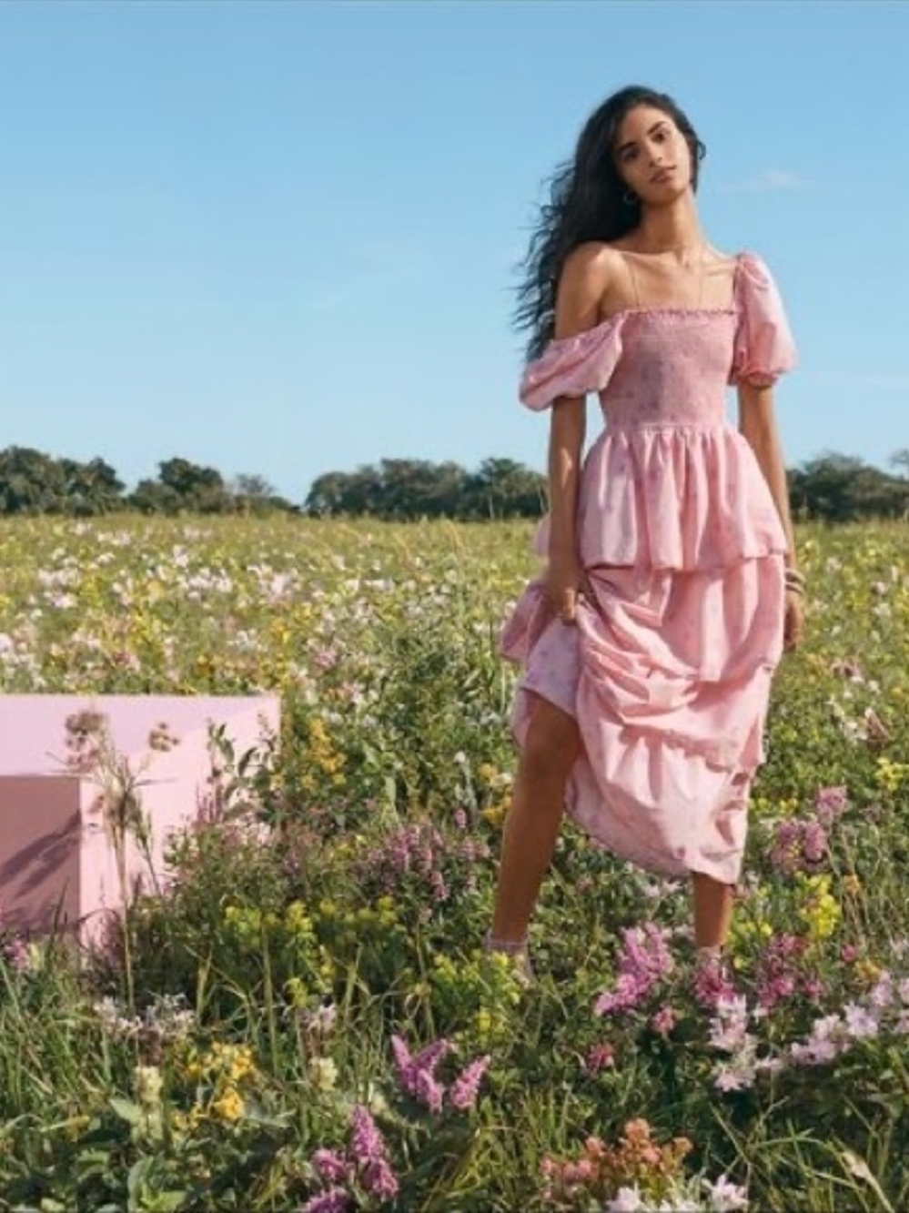LoveShackFancy Pink One-Shoulder Tiered Midi Dress S
